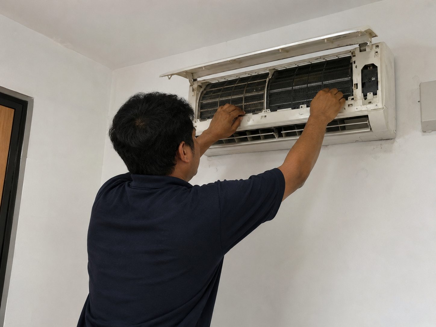 Air Matrix technician servicing a wall-mounted air conditioner in Klang Valley